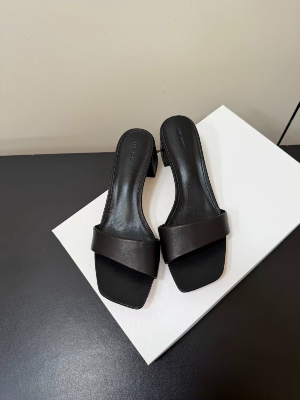 The Row Black Leather Slide Heels Square Toe Single Strap Block Heel Sandals